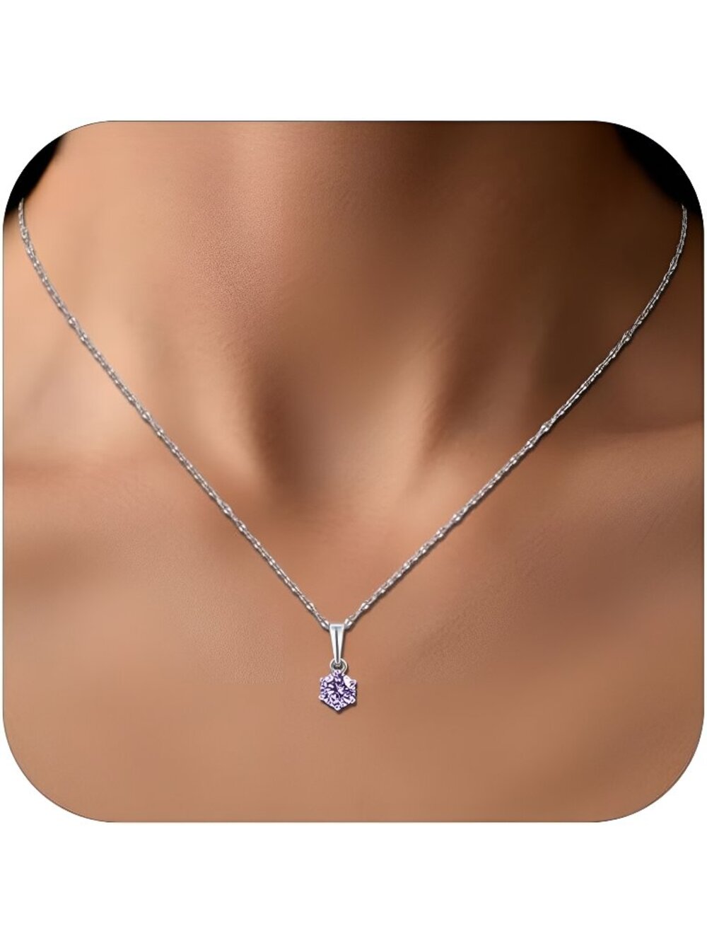 Tiny Silver Amethyst Necklace for Women, 5MM Purple Crystal Pendant
